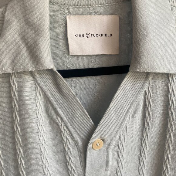 KING & TUCKFIELD POWDER BLUE BRAIDED MERINO KNIT PATTERN SHORT SLEEVE POLO TOP - Picture 4 of 6